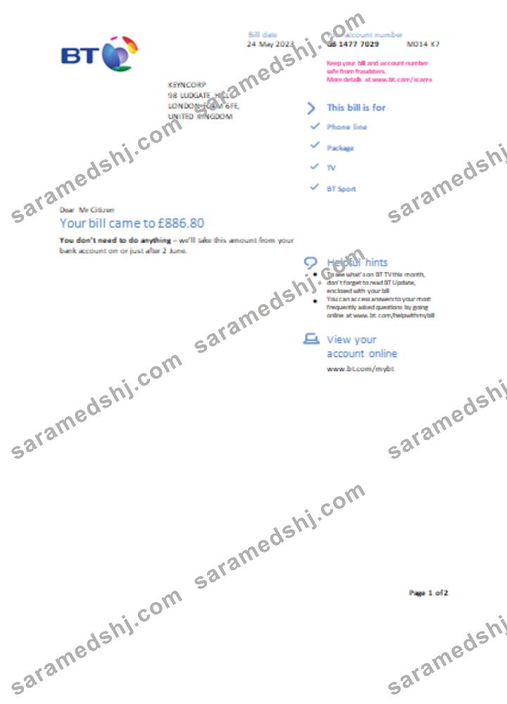 BT utility business bill, page 1 SCR